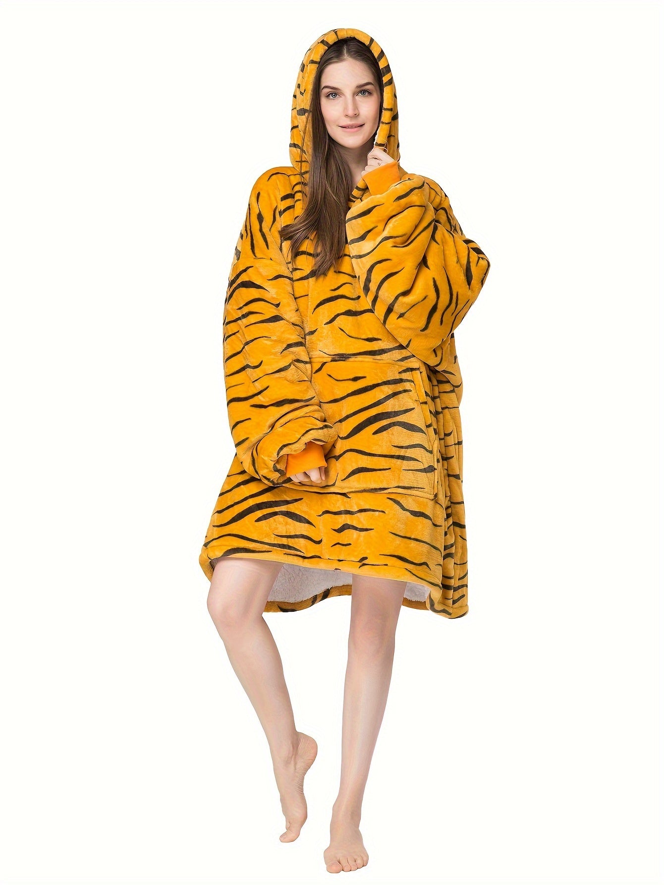 One Size Fits All Premium Plush Sherpa Blanket Hoodie - Soft, Warm, and Cozy with Pockets, Long Sleeve, and Tiger Stripe Slogan Christmas Tree Prints - Perfect for Autumn and Winter, Unisex for Women and Men