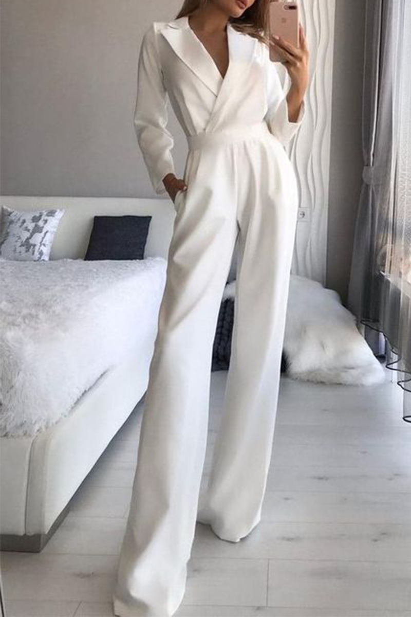 Fashion Elegant Solid Patchwork Turndown Collar Straight Jumpsuits