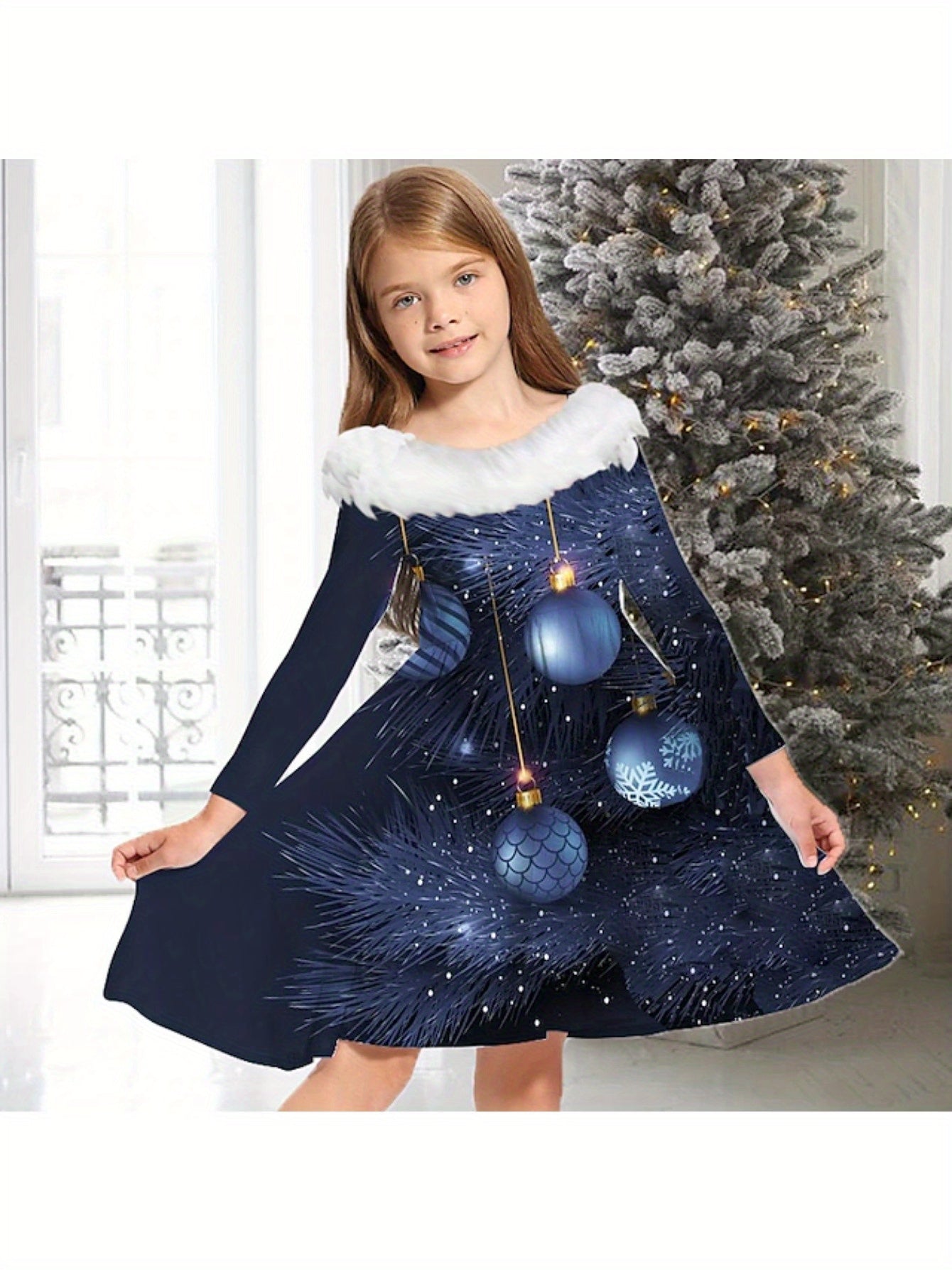 Stylish Jingle Bell Long Sleeve Graphic Dress for Girls - Activewear for Christmas Gift - Elegant, Comfortable, and Fun Holiday Outfit