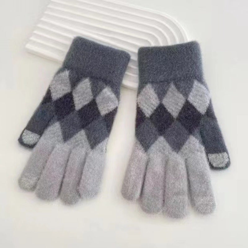 Plaid Contrast Color Winter Warm Gloves, Women Student Couple Fashion Mittens, Knitted Winter Touch Screen Gloves