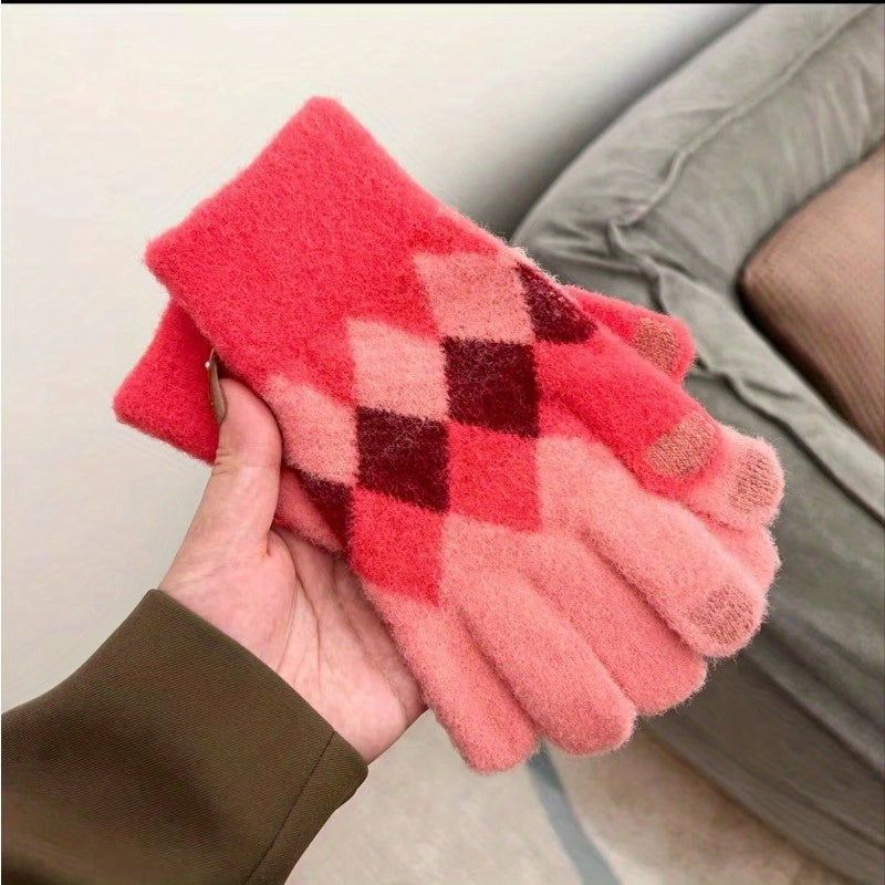 Plaid Contrast Color Winter Warm Gloves, Women Student Couple Fashion Mittens, Knitted Winter Touch Screen Gloves