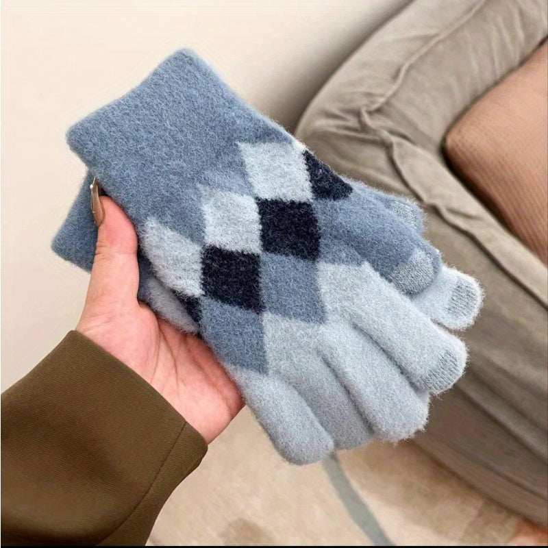 Plaid Contrast Color Winter Warm Gloves, Women Student Couple Fashion Mittens, Knitted Winter Touch Screen Gloves