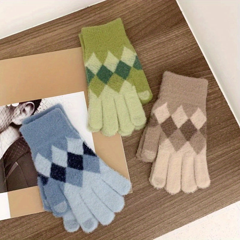 Plaid Contrast Color Winter Warm Gloves, Women Student Couple Fashion Mittens, Knitted Winter Touch Screen Gloves