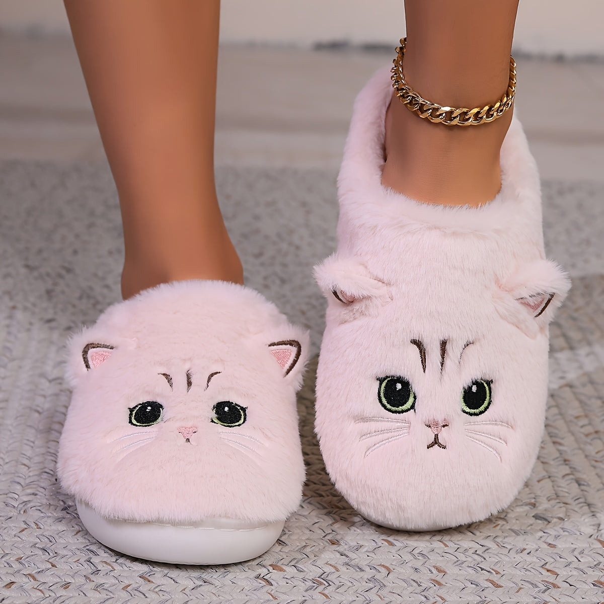 Comfy Kawaii Cat Home Slippers - Solid Color Plush Fabric, Cozy Closed Toe Winter Shoes with a Soft Sole