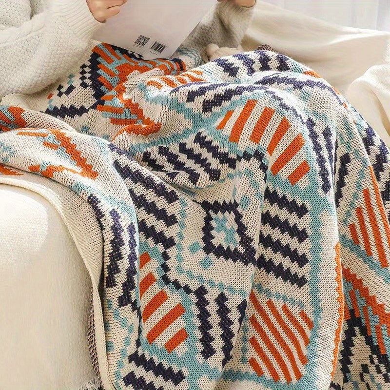 1pc Cozy Boho Knitted Blanket - Ultra-Soft, Warm, and Lightweight Throw for Couch, Sofa, Office, Bed, Camping, and Traveling - Perfect for All Seasons and Occasions