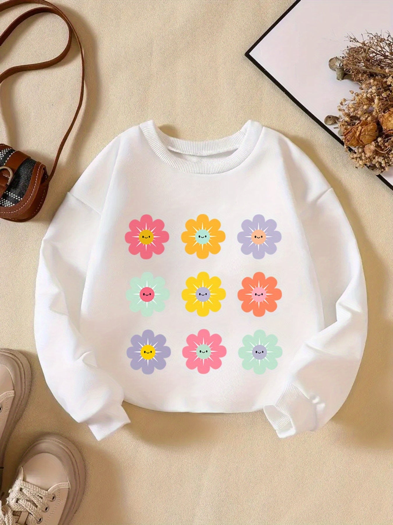 Vibrant Floral Graphic Print Long Sleeve Sweatshirt for Girls - Soft, Comfy, and Cozy Pullover for Spring and Fall Seasons - Stylish and Casual Wear for School, Outdoor Activities, and Everyday Use