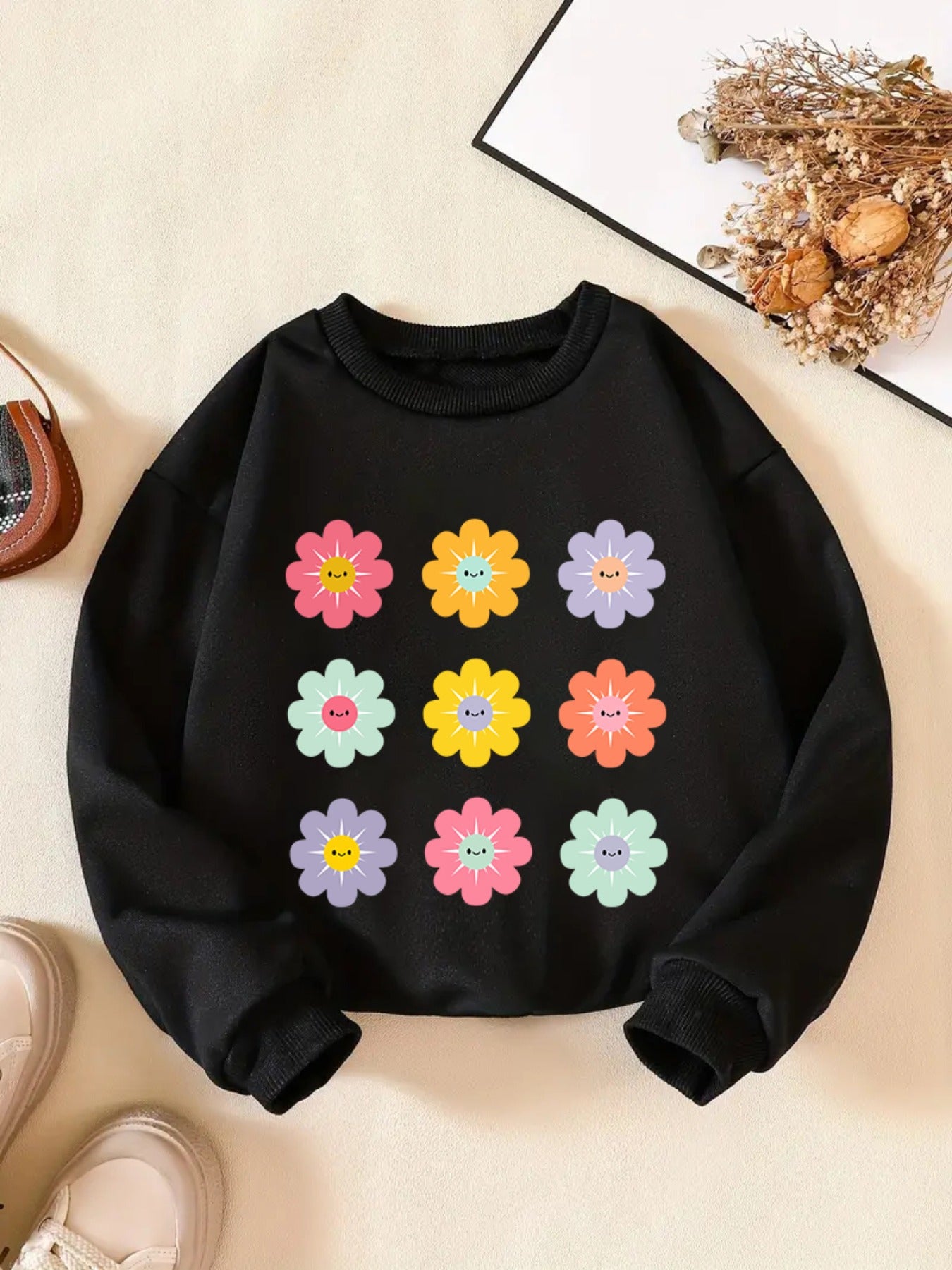 Vibrant Floral Graphic Print Long Sleeve Sweatshirt for Girls - Soft, Comfy, and Cozy Pullover for Spring and Fall Seasons - Stylish and Casual Wear for School, Outdoor Activities, and Everyday Use