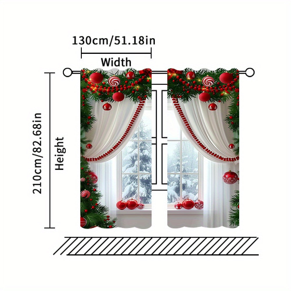 2pcs Set Christmas Digital Print Curtains with Green Leaf Edge - Rod Pocket Design for Living Room, Bedroom, Kitchen & Office Decor