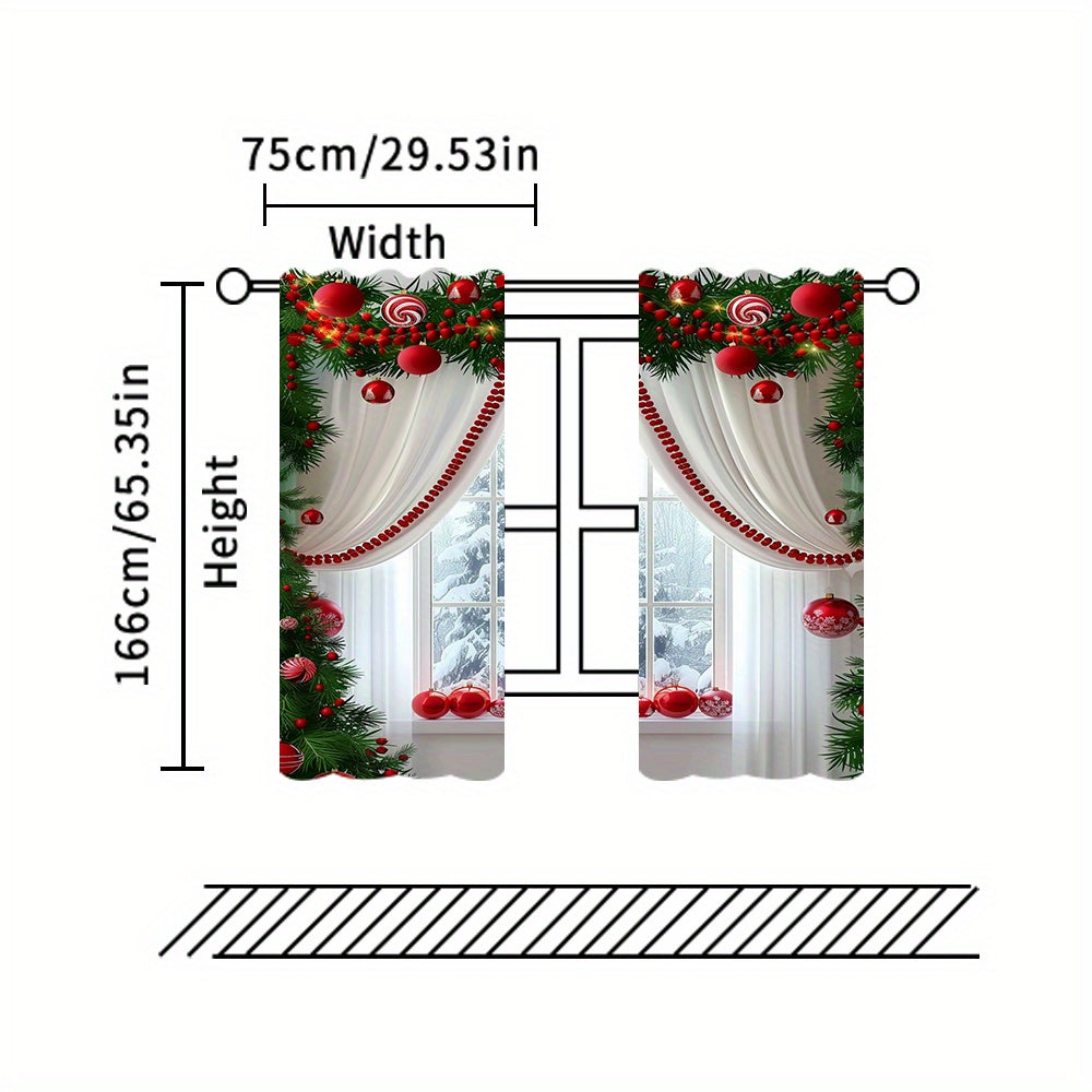 2pcs Set Christmas Digital Print Curtains with Green Leaf Edge - Rod Pocket Design for Living Room, Bedroom, Kitchen & Office Decor