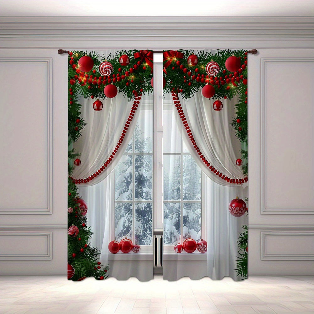 2pcs Set Christmas Digital Print Curtains with Green Leaf Edge - Rod Pocket Design for Living Room, Bedroom, Kitchen & Office Decor