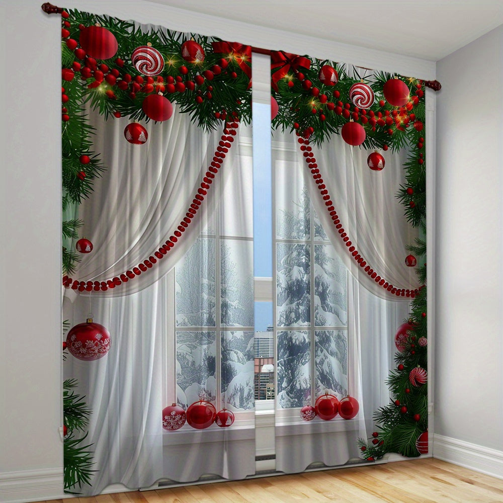 2pcs Set Christmas Digital Print Curtains with Green Leaf Edge - Rod Pocket Design for Living Room, Bedroom, Kitchen & Office Decor