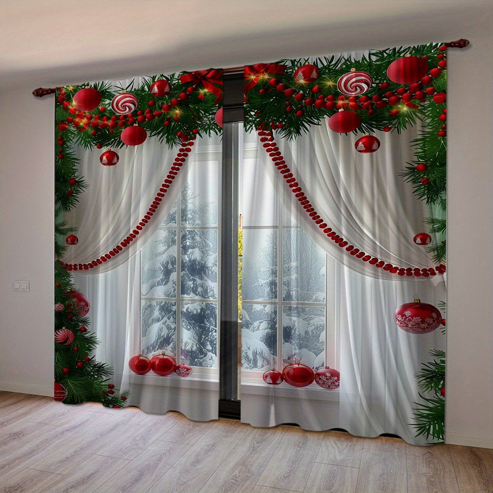 2pcs Set Christmas Digital Print Curtains with Green Leaf Edge - Rod Pocket Design for Living Room, Bedroom, Kitchen & Office Decor