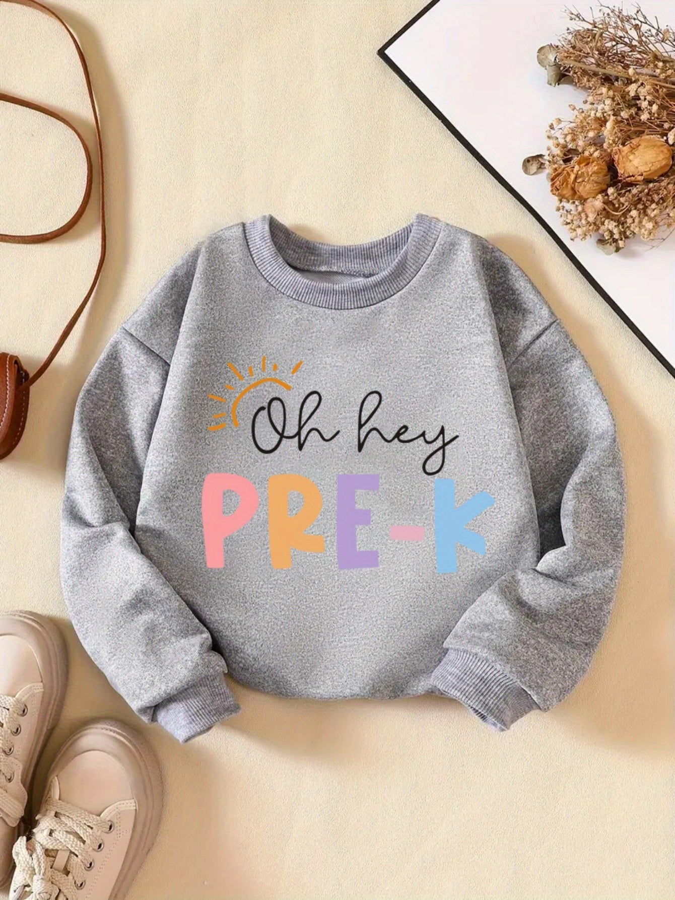 Vibrant PRE-K Lettering Print Girl's Comfy Crew Neck Long Sleeve Sweatshirt - Soft, Breathable, and Cozy for Daily Wear and Outdoor Activities - Perfect for School, Casual Events, and Gift Giving