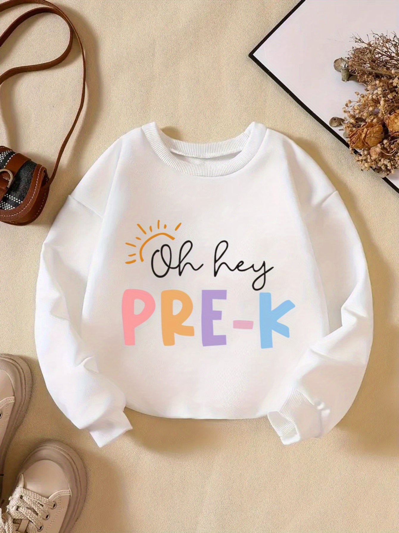 Vibrant PRE-K Lettering Print Girl's Comfy Crew Neck Long Sleeve Sweatshirt - Soft, Breathable, and Cozy for Daily Wear and Outdoor Activities - Perfect for School, Casual Events, and Gift Giving