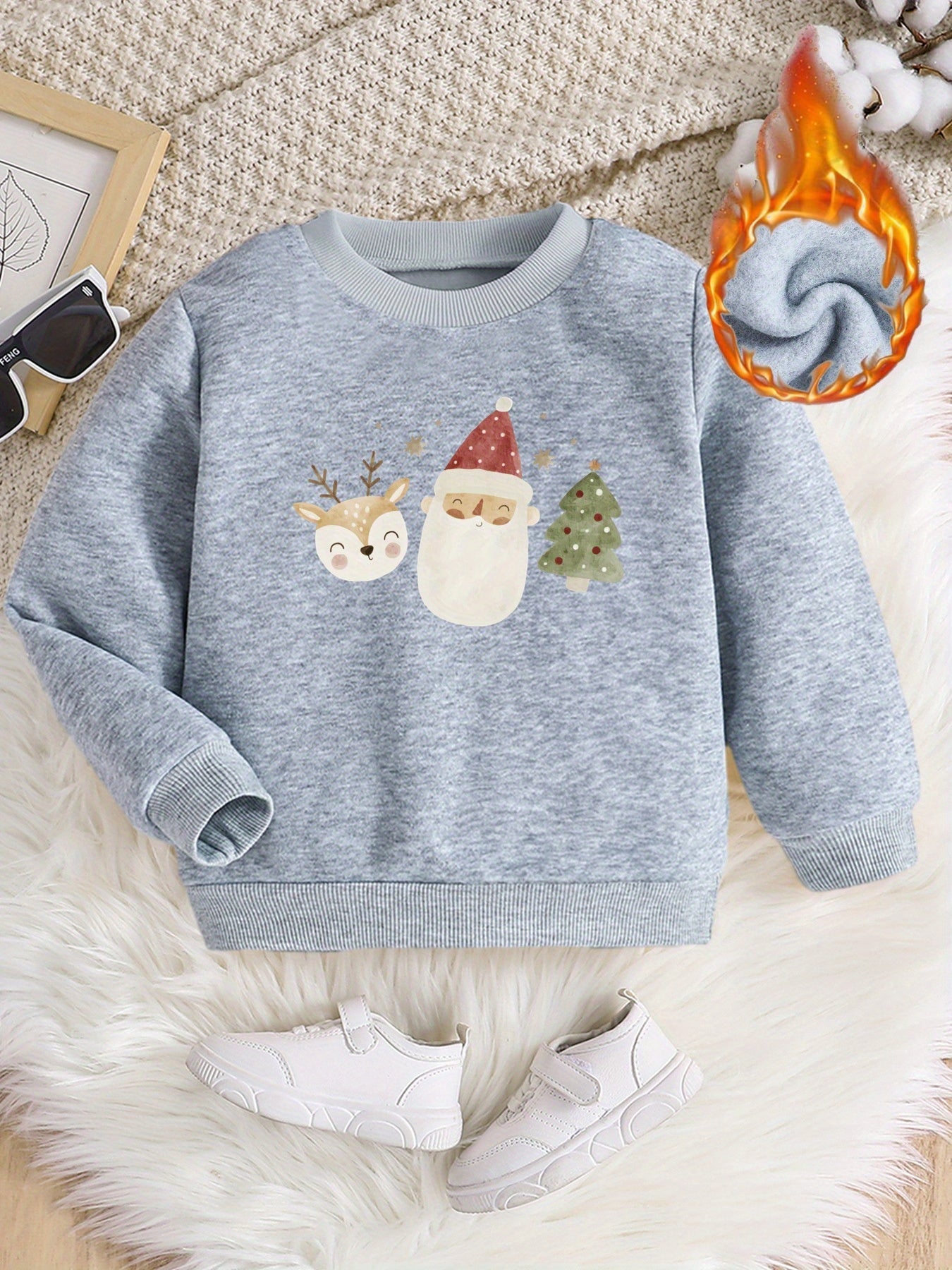 Cozy Boy's Crew Neck Long Sleeve Sweatshirt - Christmas Tree Deer And Santa Print Fleece Pullover for Fall and Winter