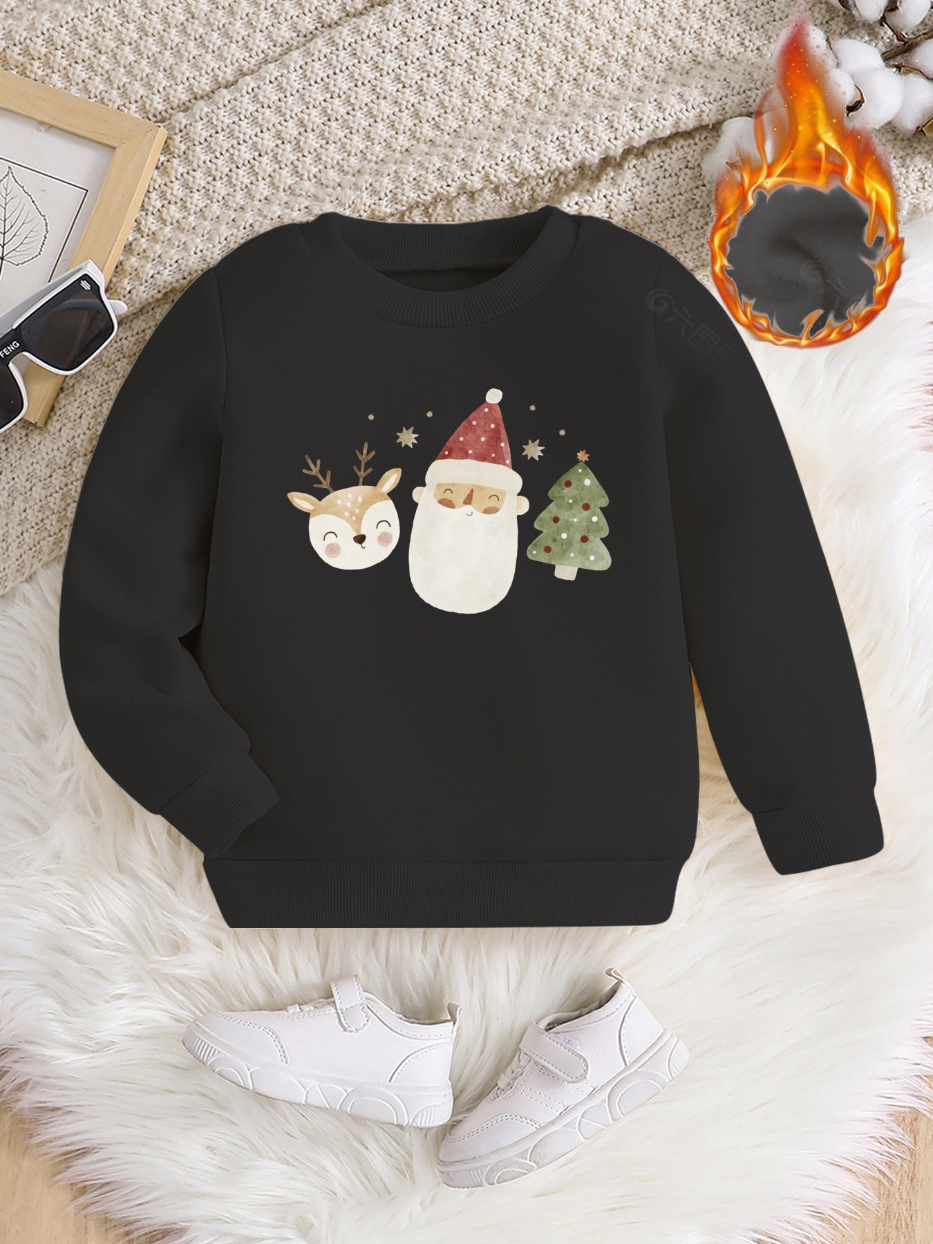 Cozy Boy's Crew Neck Long Sleeve Sweatshirt - Christmas Tree Deer And Santa Print Fleece Pullover for Fall and Winter