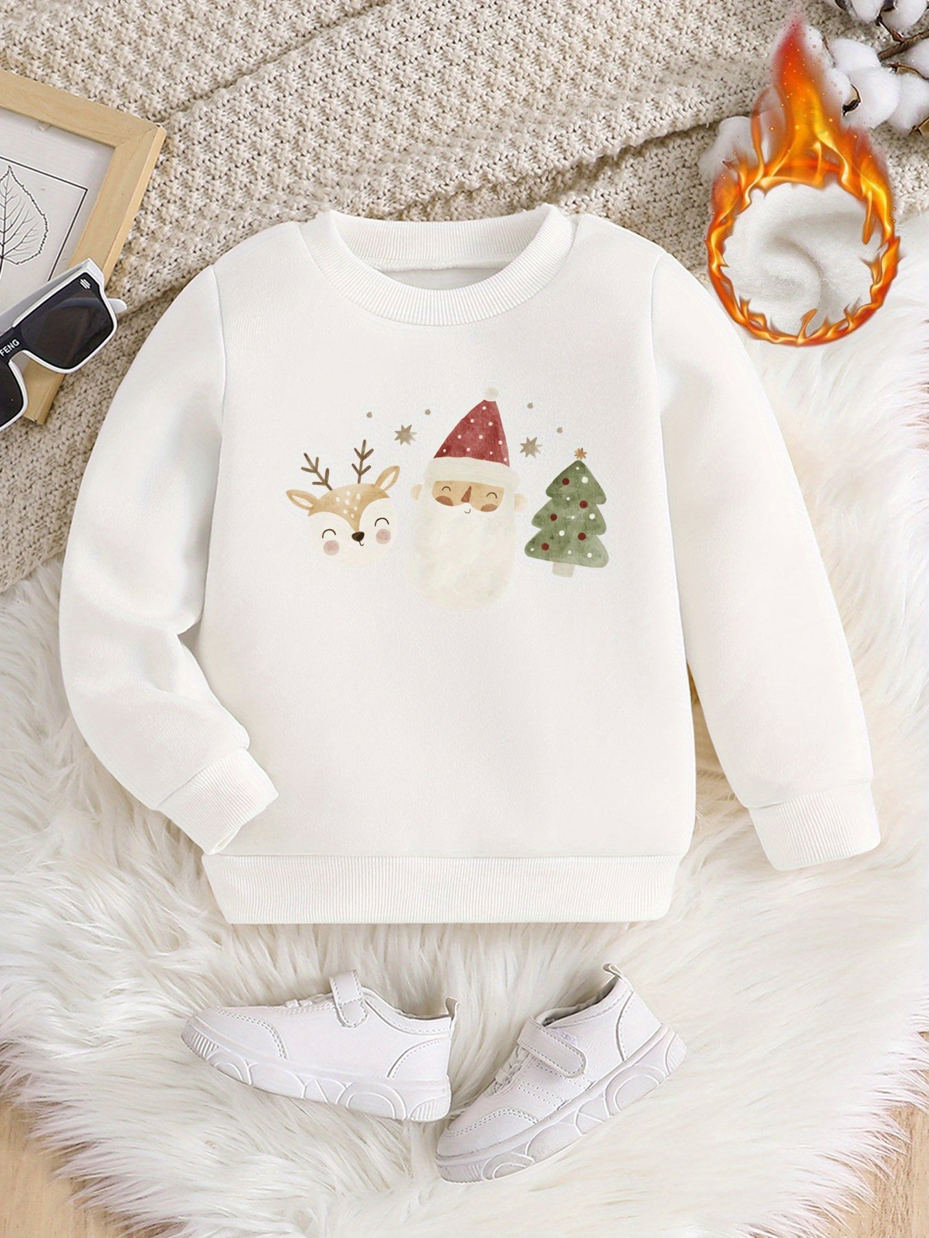 Cozy Boy's Crew Neck Long Sleeve Sweatshirt - Christmas Tree Deer And Santa Print Fleece Pullover for Fall and Winter