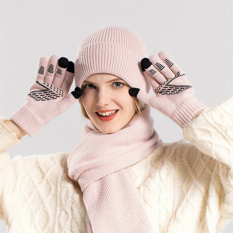 3-piece Women's Winter Warm Suit Hat, Gloves, Scarf, Warm Knitted Outdoor Hat