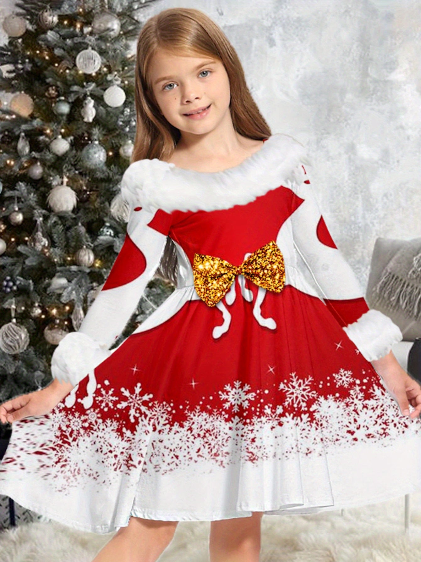 Girl's Christmas Themed Snowflake Print Collar Casual Dress