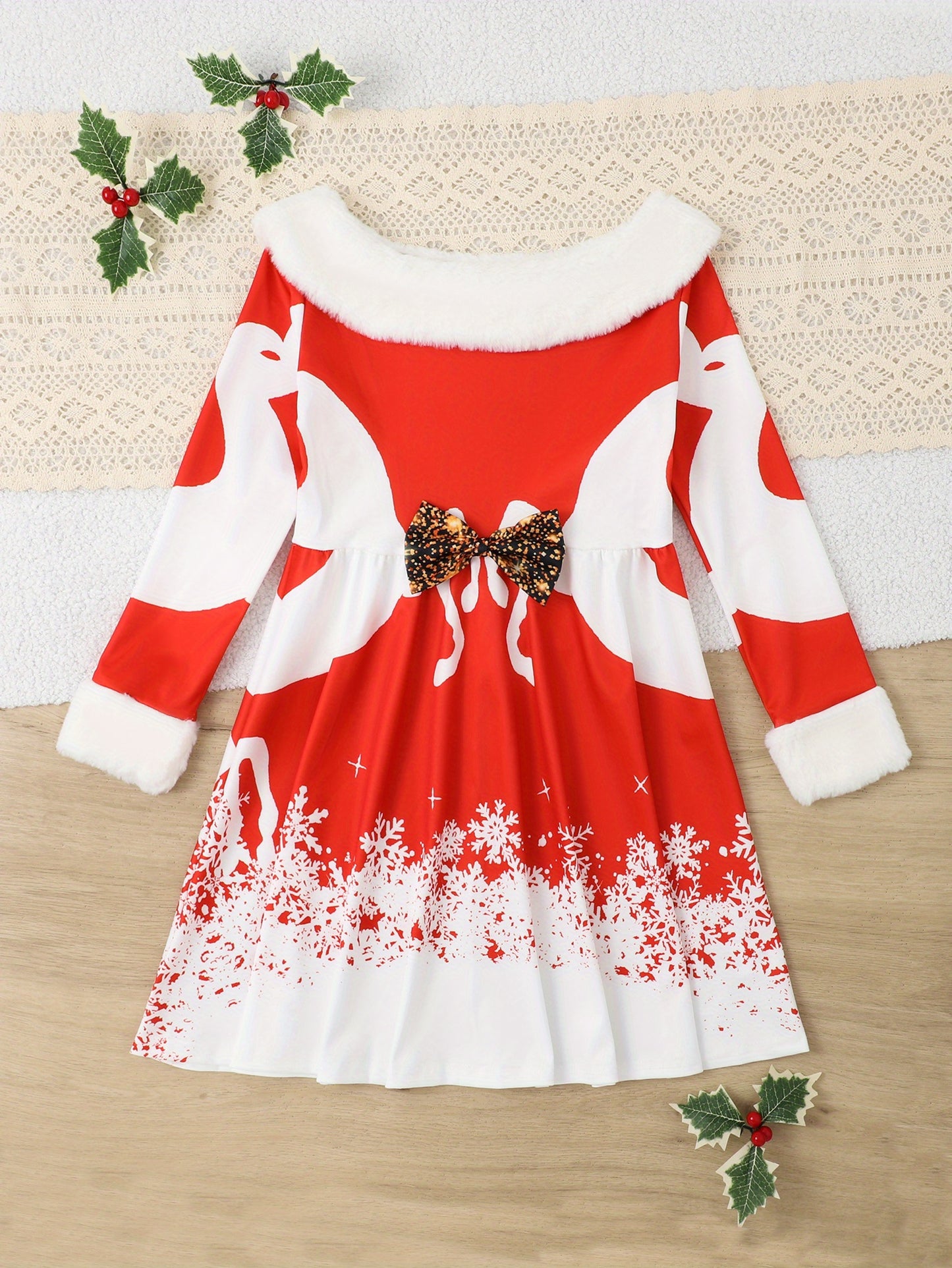 Girl's Christmas Themed Snowflake Print Collar Casual Dress