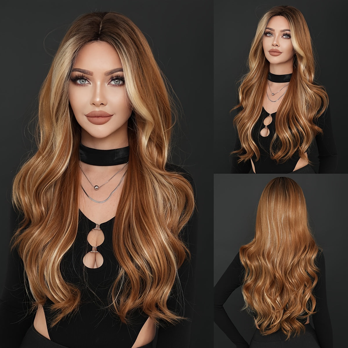 "Voluminous" Elegant Ombre Brown Long Curly Wig With Dark Roots - Middle Part, High Layered Fluffy Blonde Highlights For Women - Heat Resistant Synthetic Fiber, Perfect For Daily Wear & Parties, 28.34 Inches