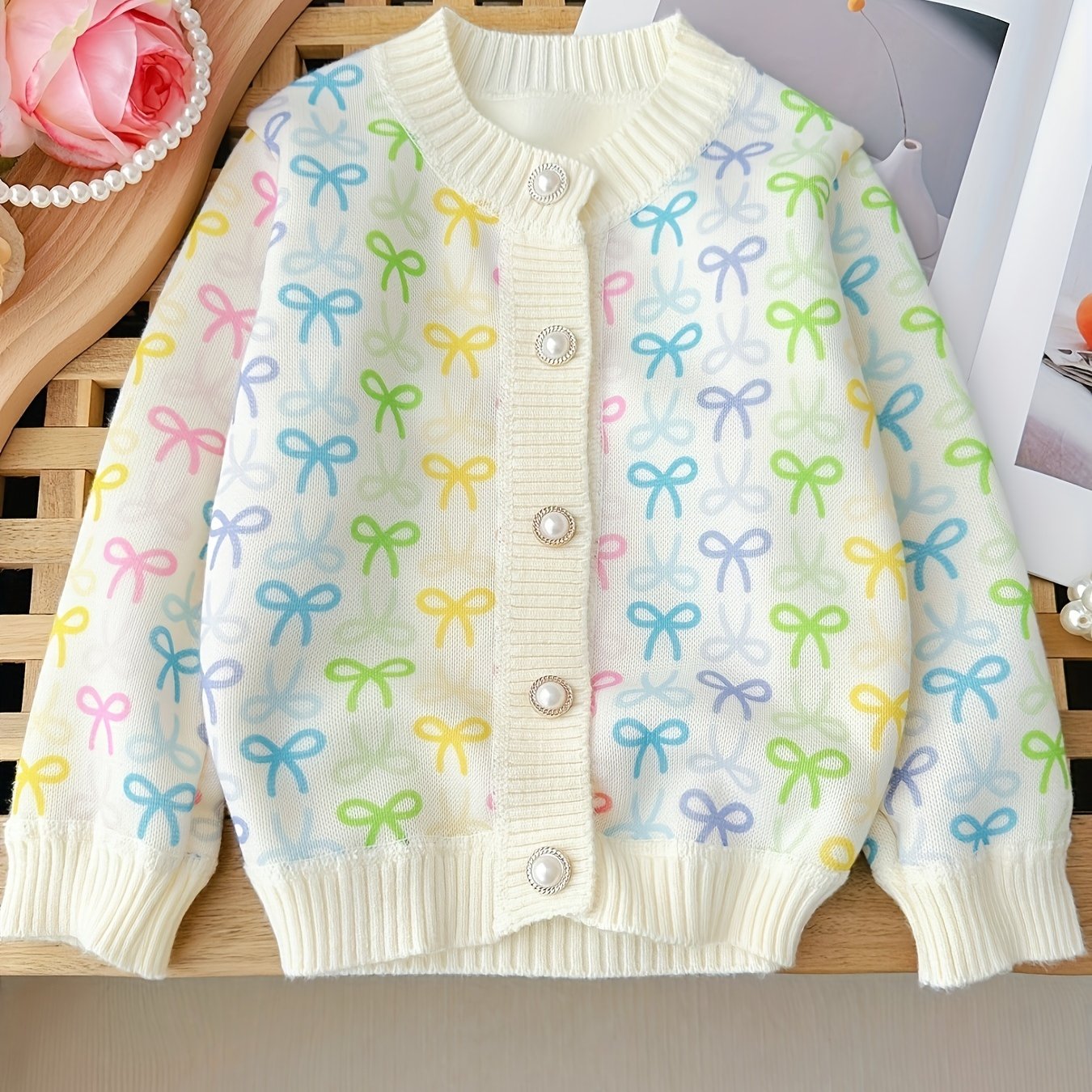 Girl's Bohemian Floral Knit Cardigan, Toddler Spring/Autumn Outerwear, Chic Button-Up Sweater for Girls, Cozy  Collection Top