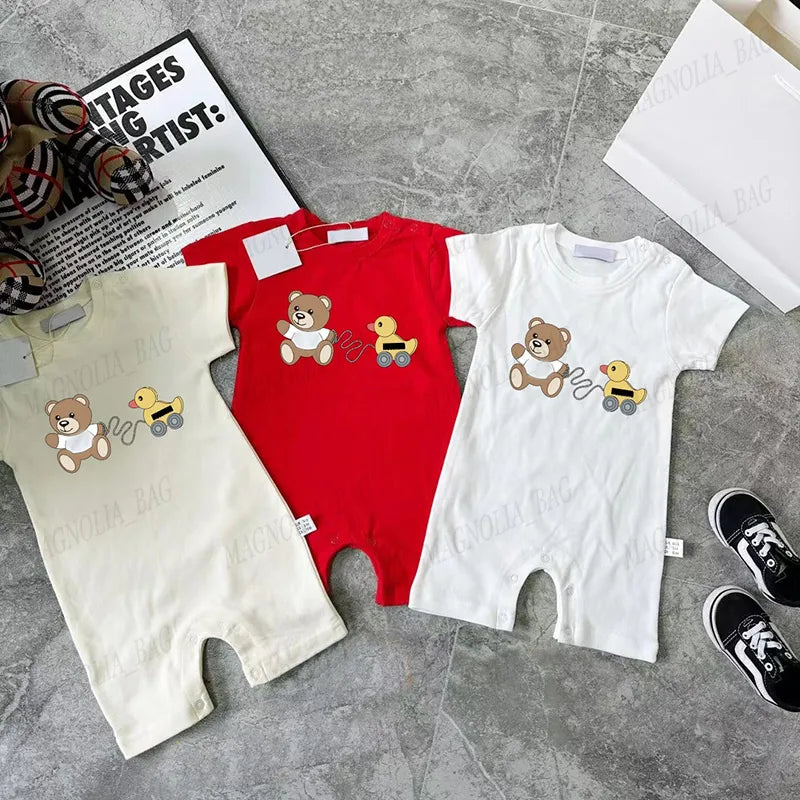 Babies Rompers Casual Suit Bear Letter Colourful Short Sleeve Jumpsuit Summer 100% Cotton Baby Brand Bodysuit Newborn Soft Onesie 59-90cm