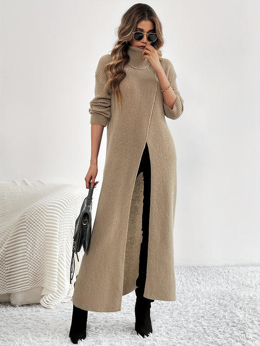 Solid High Neck Split Dress, Elegant Long Sleeve Maxi Dress, Women's Clothing