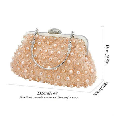 Faux Pearl Decor Evening Bag, 3D Flower Wedding Bridal Bag, Top Ring Clutch Purse For Prom Banquet