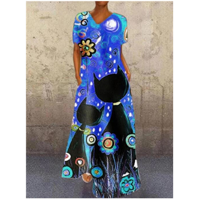 New independent station new  dress retro portrait cat print V-neck four-sided elastic dress