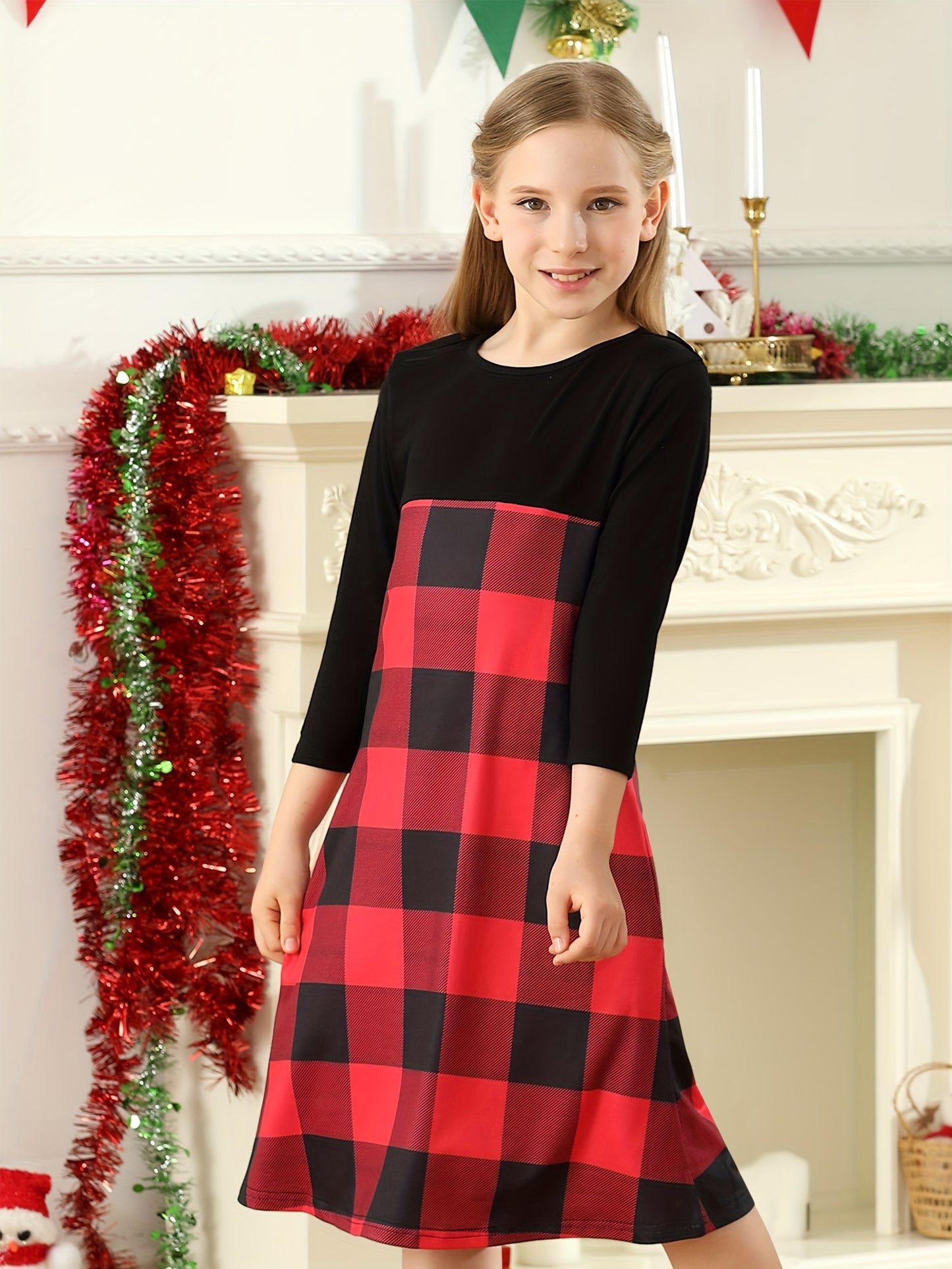 Girl Maxi Dress Kids Casual Christmas Buffalo Check Plaid Long Sleeve Dresses With Pockets (6-14yrs)