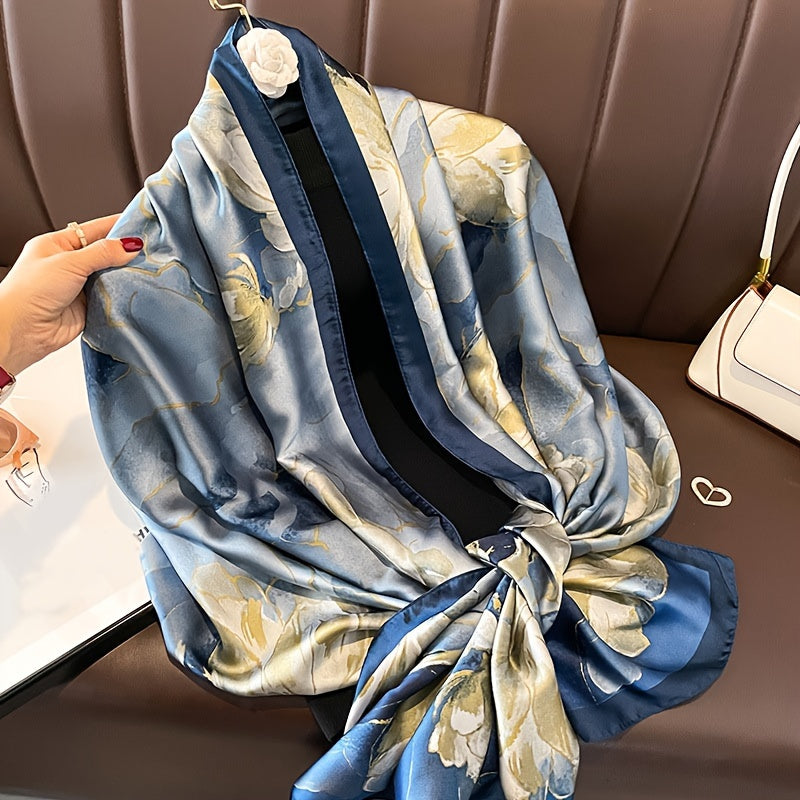 Blue Blossom Paradise Scarf - Luxurious Satin Silk Feel, Wind-Resistant & Sun-Protective, Perfect Beach Companion for Women