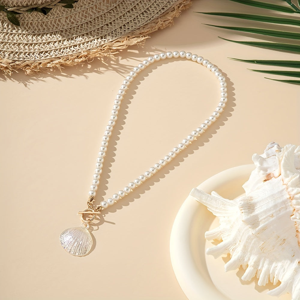 2pcs, Boho & Elegant Style, White Seashell Shape Design Pendant, Match Shiny Beads Necklace, Fashion Delicate Accessory For Daily Wear & Beach Holiday, Idea Gift For Ladies