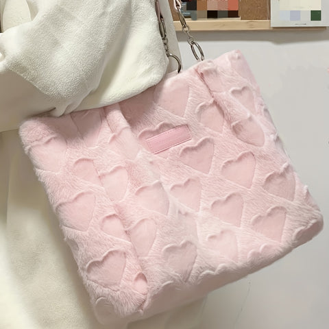 benpaolv  Cute Plush Heart Pattern Large Capacity Tote Bag, Wool Like Furry Textured Shoulder Bag, Casual Versatile Commuter Bag