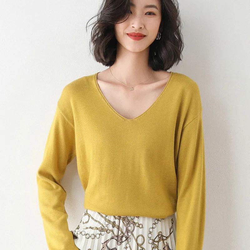 Spring Autumn Wool Blend Sweaters Women Fashion Sexy V-neck Pullover Loose Batwing Sleeve Plus Size Knitted Tops 200929