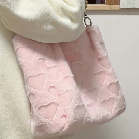 benpaolv  Cute Plush Heart Pattern Large Capacity Tote Bag, Wool Like Furry Textured Shoulder Bag, Casual Versatile Commuter Bag