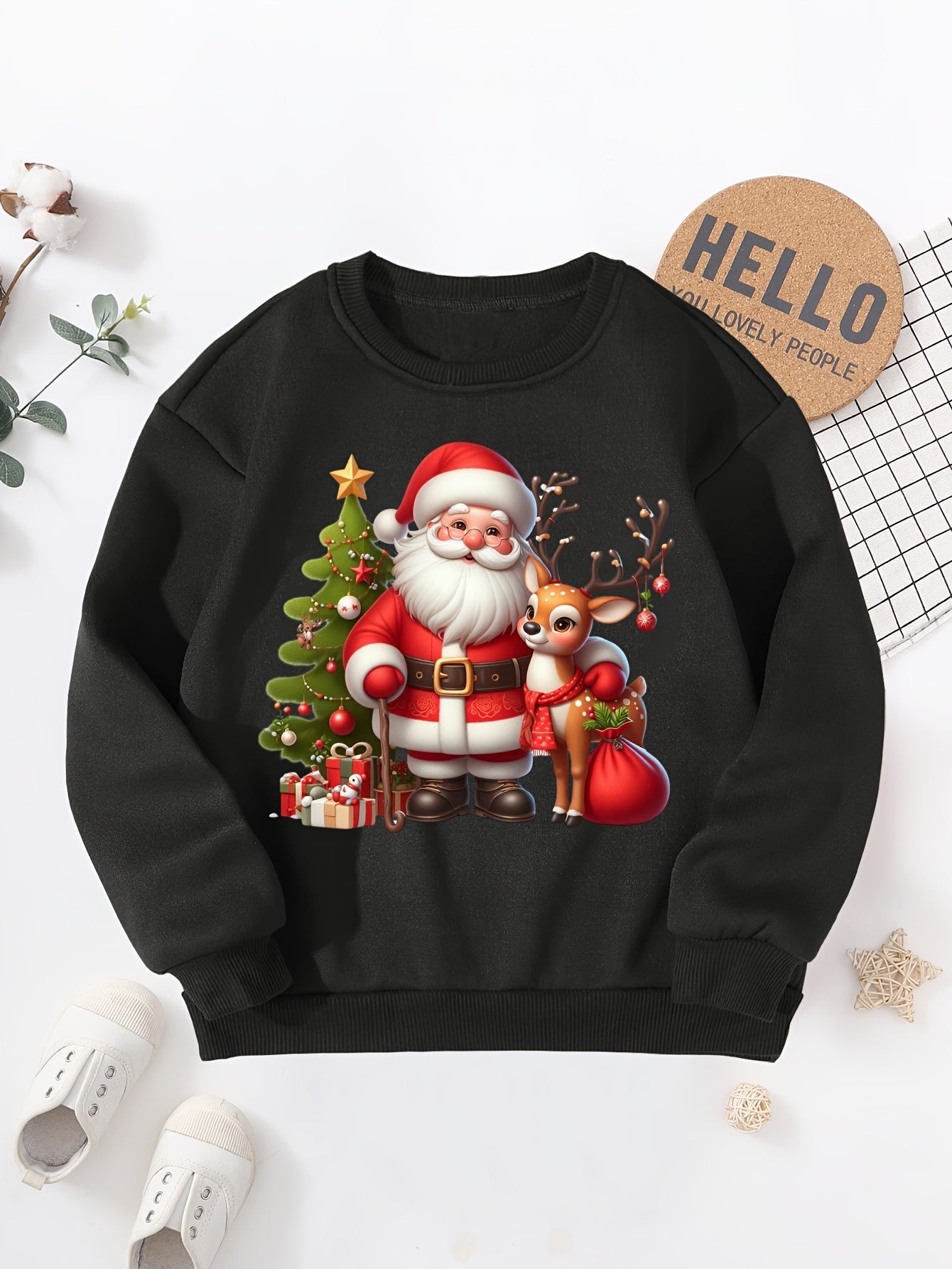 1pc Festive Christmas Santa and Reindeer Print Long Sleeve Pullover Sweatshirt for Boys, Casual Round Neck Polyester Knitwear with Embroidered Details, Regular Fit for Autumn/Winter