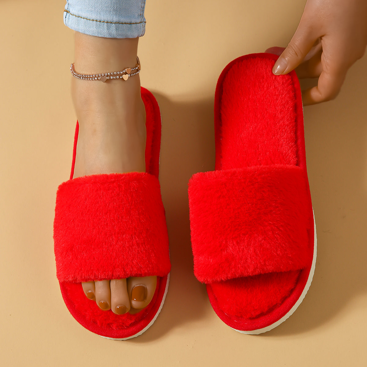 Winter Plush Open Toe Slippers, Solid Color Cozy & Warm Slip On Shoes, Comfy Indoor Floor Slippers