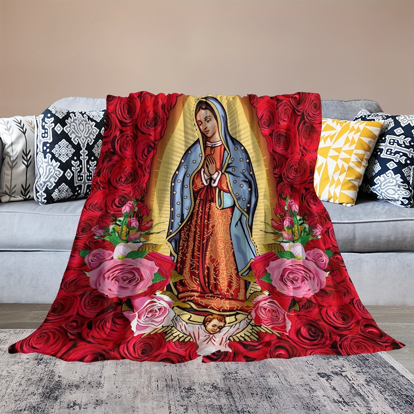 1pc Virgin Mary Our Lady Of Guadalupe Blanket Super Soft Flannel Warm Blankets Throw Blanket For Bed Sofa Bedrooms Travel Camping, 270gsm