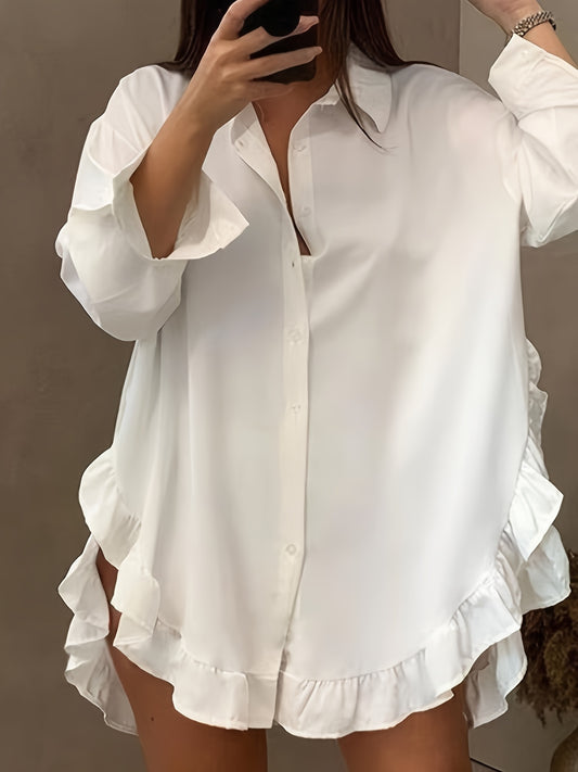 Plus Size Ruffle Charmeuse Shirt - Flattering Long Sleeve with Button Front - Versatile Solid Color for Casual Chic - Designed for Curvy Womens Fashion