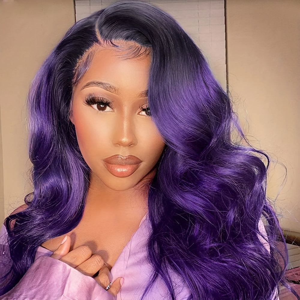 13x4 Inch Deep Part Space Ombre Purple with Black Roots Lace Front Wig - Heat Resistant, Pre-plucked Hairline, Loose Curly Wave, Glueless, Long, Loose Wavy, Daily Party Use Synthetic Wig for Women