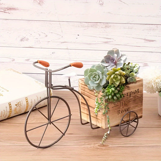 1pc Rustic Wooden Tricycle Planter - Vintage Iron Bicycle Flower Pot Holder with Farmhouse Decor - Ideal for Indoor/Outdoor Garden Display, Home & Office Desk, and Holiday Gift Decorations