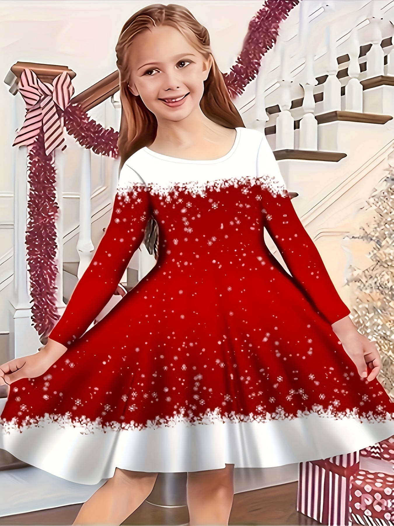 Kids' Christmas Themed Casual Dresses - Polyester Applique Tunic with Long Sleeves, Knee High, Slight Stretch Knit Fabric for Spring/Fall Season - Festive Holiday Dress with Christmas Tree and Snowflake Patterns for Children Aged 12 and Under