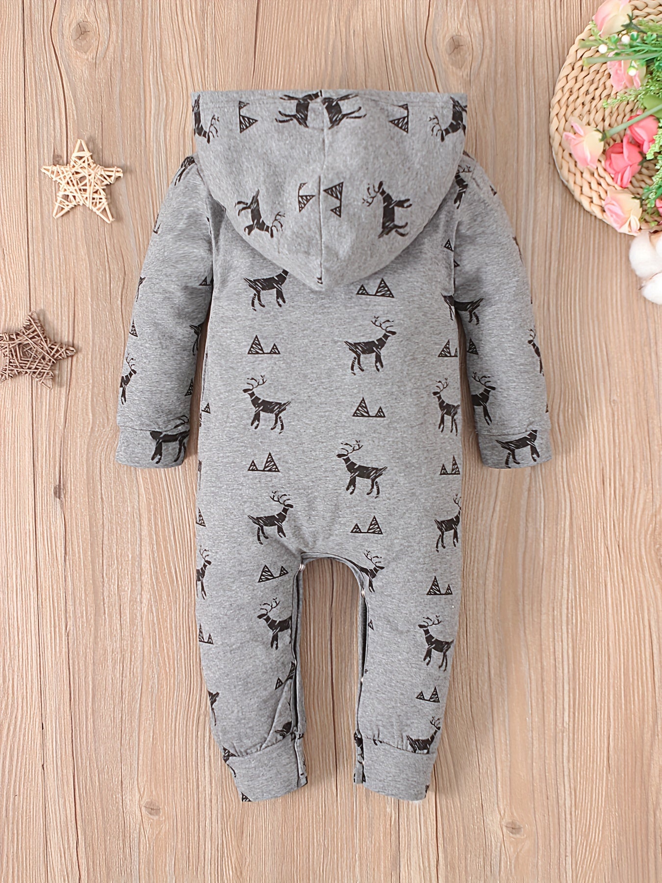 Baby Boys Cute Long Sleeve Christmas Elk Pattern Hooded Romper, Zip Up Cotton Onesie Kids Clothes For Spring And Autumn Indoor And Outdoor Wear