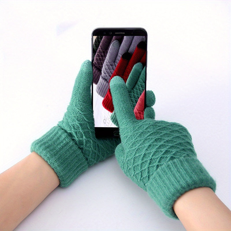 1 Pair Winter Warmth Gloves, Unisex Thermal Knit Touchscreen Gloves, Full Finger Thickened Windproof, Stretchable Acrylic Yarn, Machine Washable - Assorted Colors