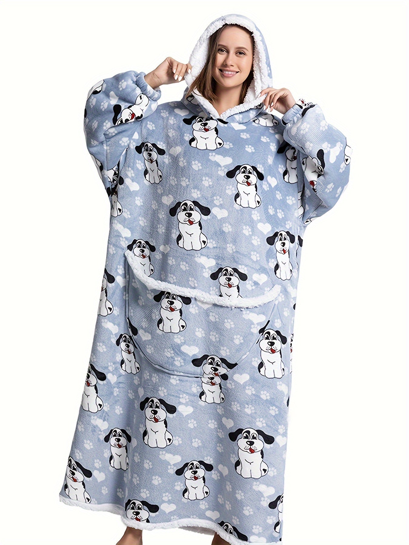 Plus Size Cute Nightgown, Women's Plus Puppy Print Long Sleeve Cozy Flannel Hooded Wearable Blanket With Pockets