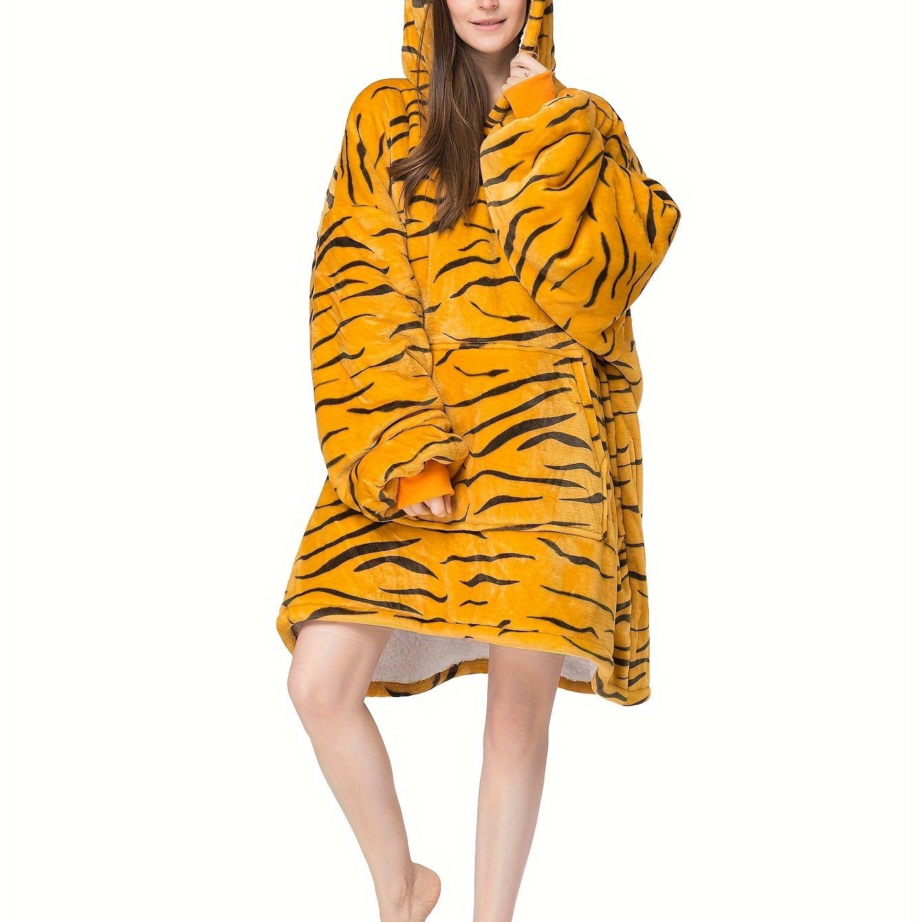 One Size Fits All Premium Plush Sherpa Blanket Hoodie - Soft, Warm, and Cozy with Pockets, Long Sleeve, and Tiger Stripe Slogan Christmas Tree Prints - Perfect for Autumn and Winter, Unisex for Women and Men