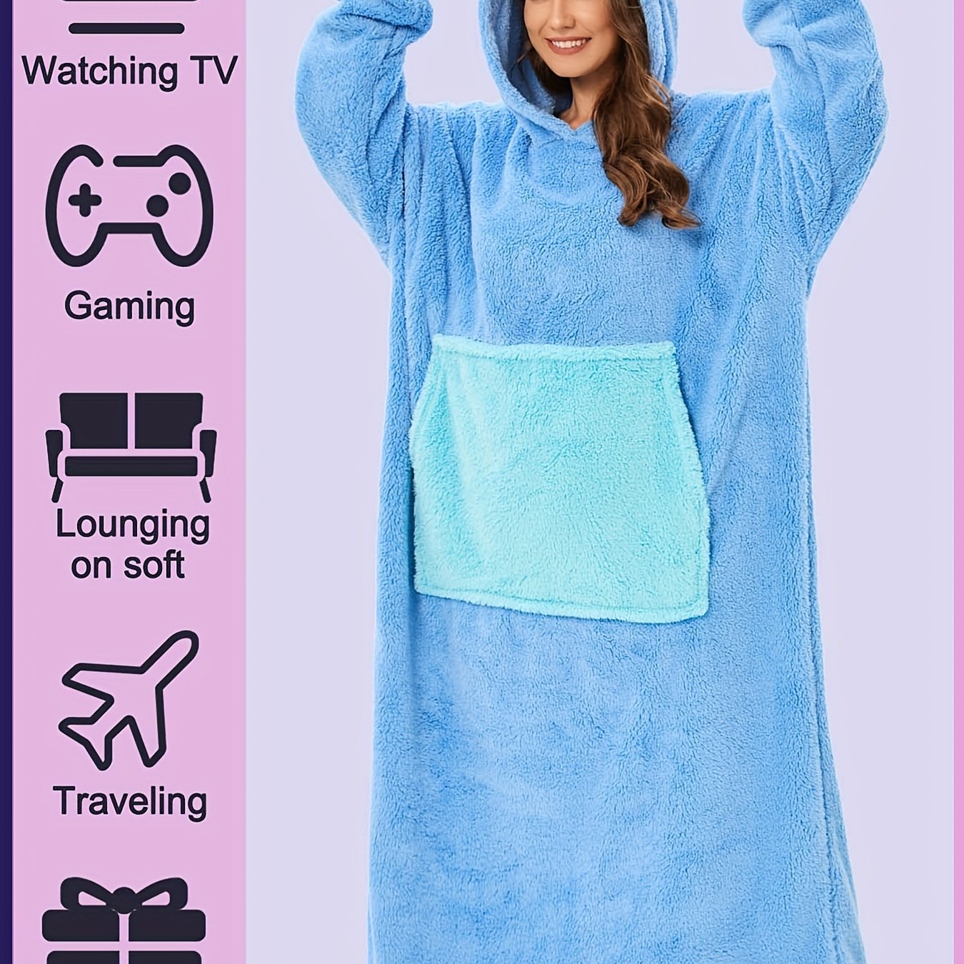 Women's Fleece Wearable Blanket Hoodie, Cute Cartoon Animal Design, Long Plush Bathrobe With Pockets, Casual Loose Fit, Warm Night Robe For Fall & Winter