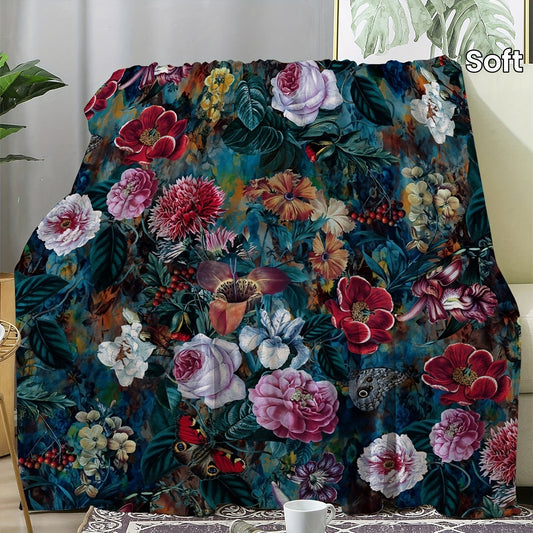 1pc, Ultra-Soft Vintage Floral Print Flannel Blanket - Warm, Thickened, and Plush for Cozy Bed, Sofa, and Snuggle Time - Perfect for Cold Winter Nights