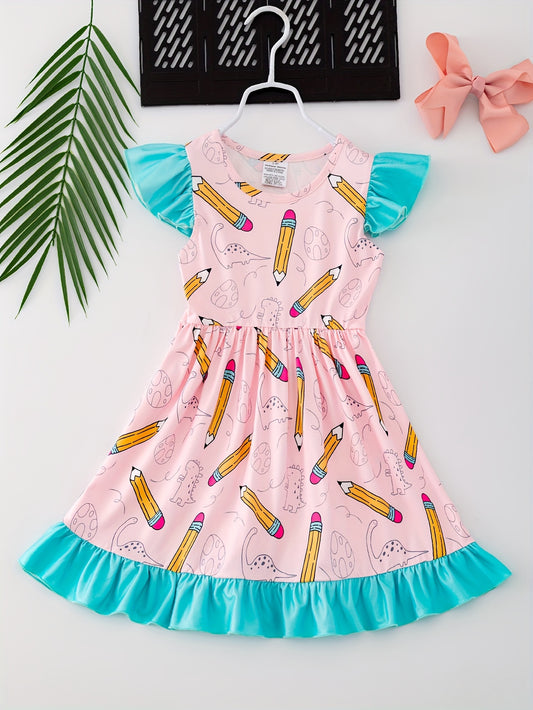 Girls Ruffled Splicing Pencil Dress - Dinosaur Print, Vacation Casual, Summer Gift, Back to School Essential for Little Princesses